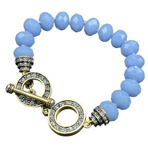 Heidi Daus Faceted Glass Beads Crystal Rhinestone Toggle Bracelet Blue Signed